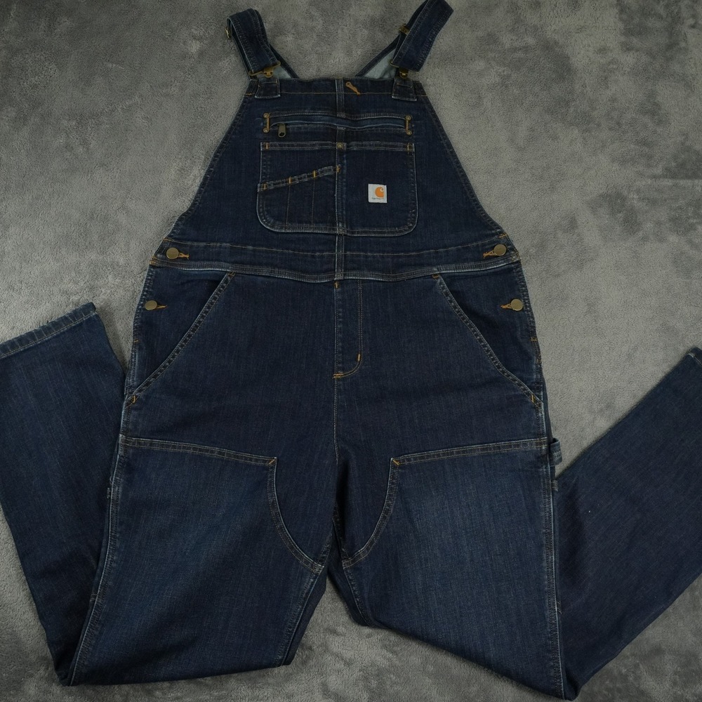 Carhartt Overalls Womens L (12/14) Dark Blue Double Knee Denim Bibs 104044 464 - Picture 1 of 12